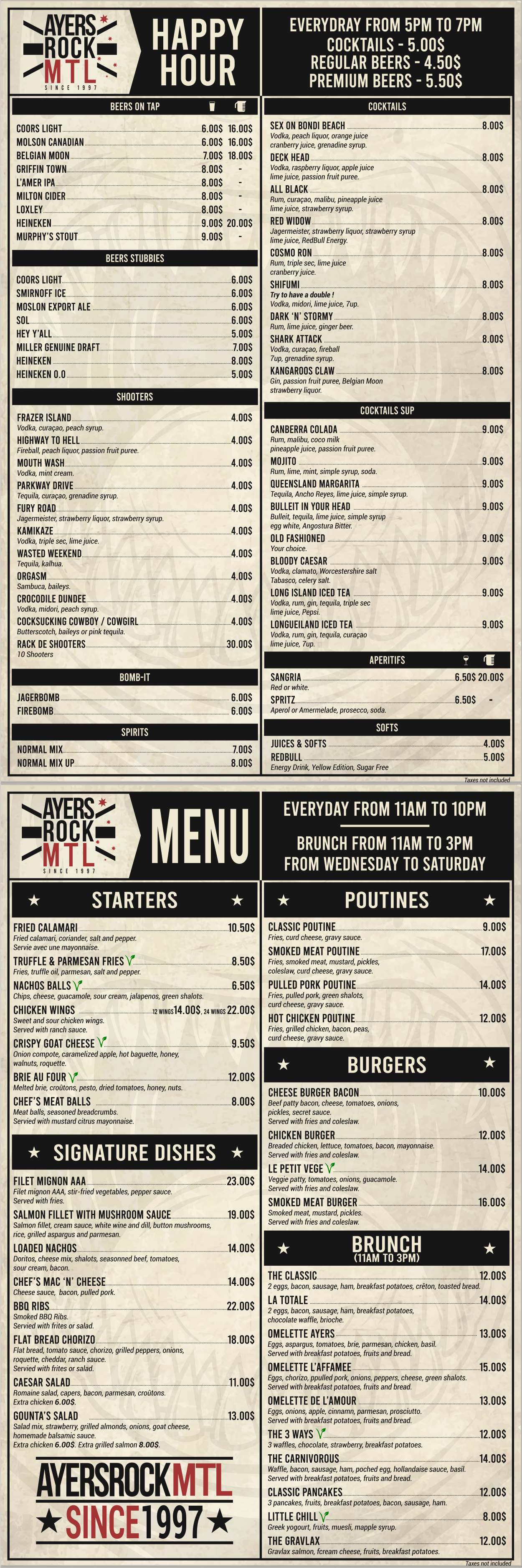 Ayers Rock Menu Anglais