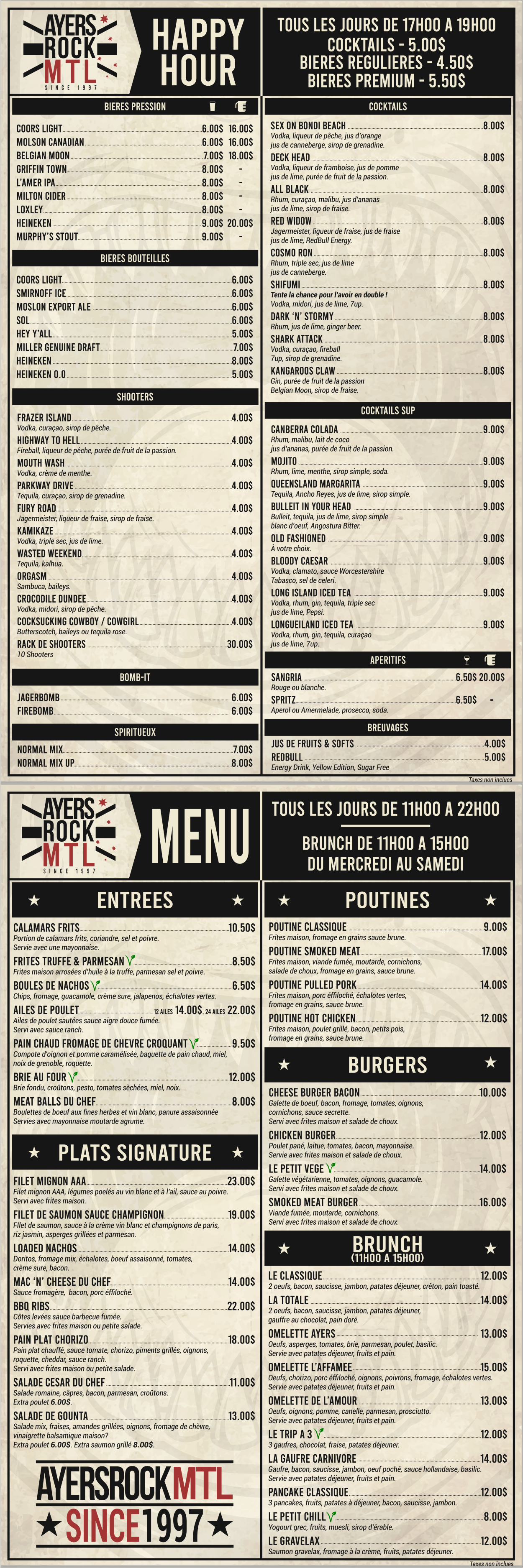 Ayers Rock Menu Français